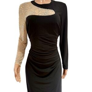 Xscape Black and Tan Asymmetrical Ruched Sheath Dress